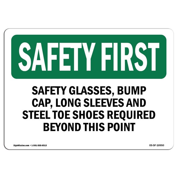 OSHA Sign, Glasses Bump Cap Long Sleeves And, 18in X 12in Aluminum, 18" W, 12" H, Landscape